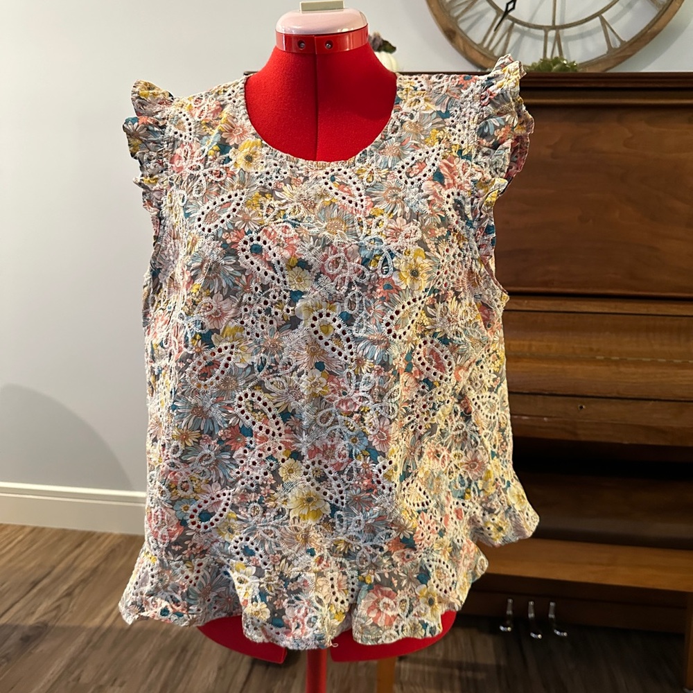 Floral Eyelet Blouse with Ruffle Sleeves